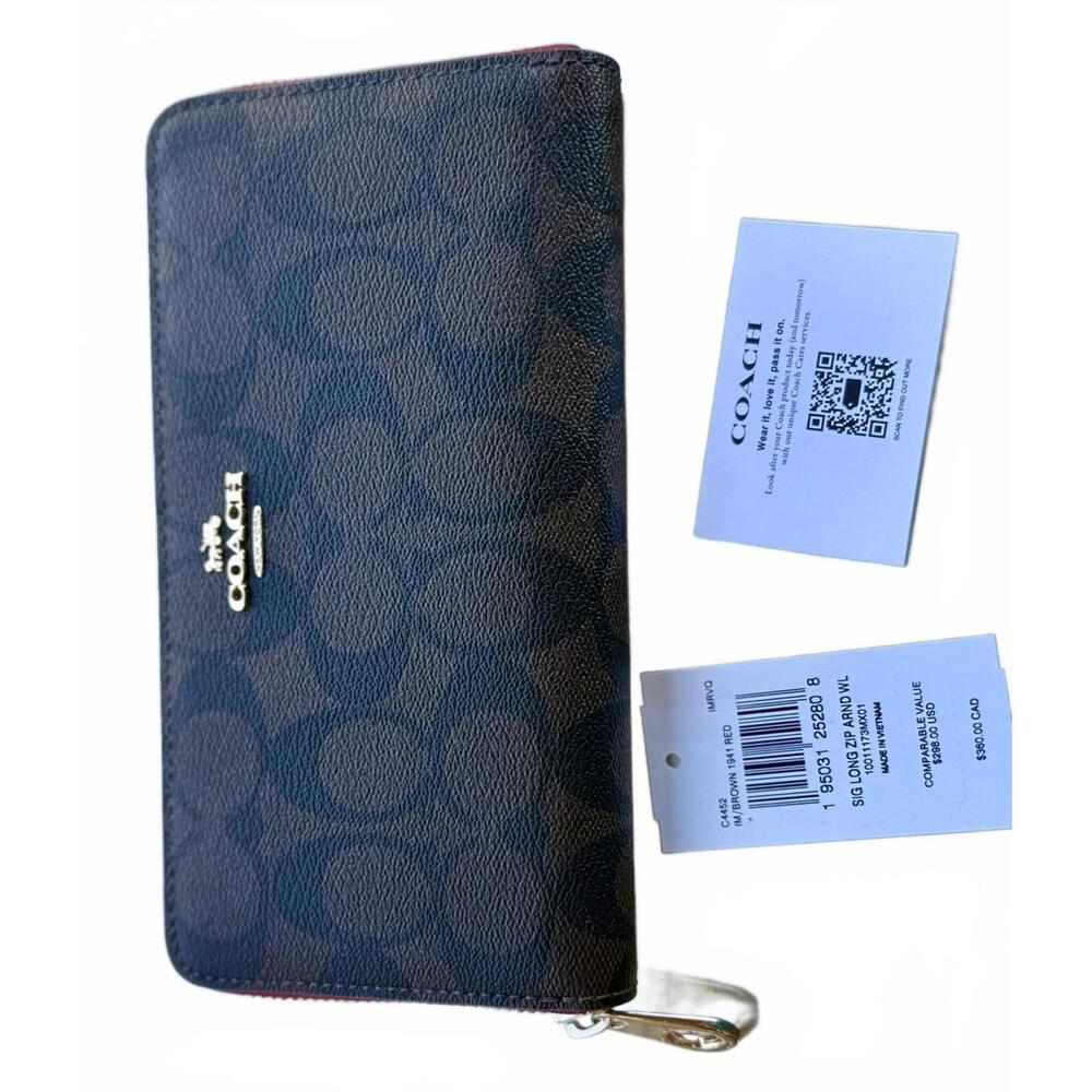 👜 Coach Signature Long Zip Around Wallet – IM/Brown 1941 Red (C4452)